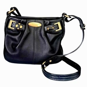 Brahmin Black Leather Shoulder Bag Crocodile Embossed Accents Gold Tone Hardware